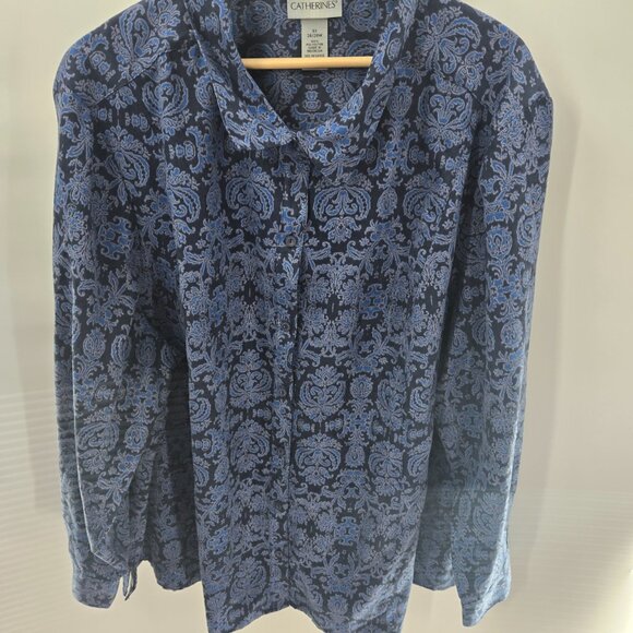 Catherine's Blue Paisley Long Sleeved Button Down Shirt Size 3x 26/28W - Picture 2 of 9